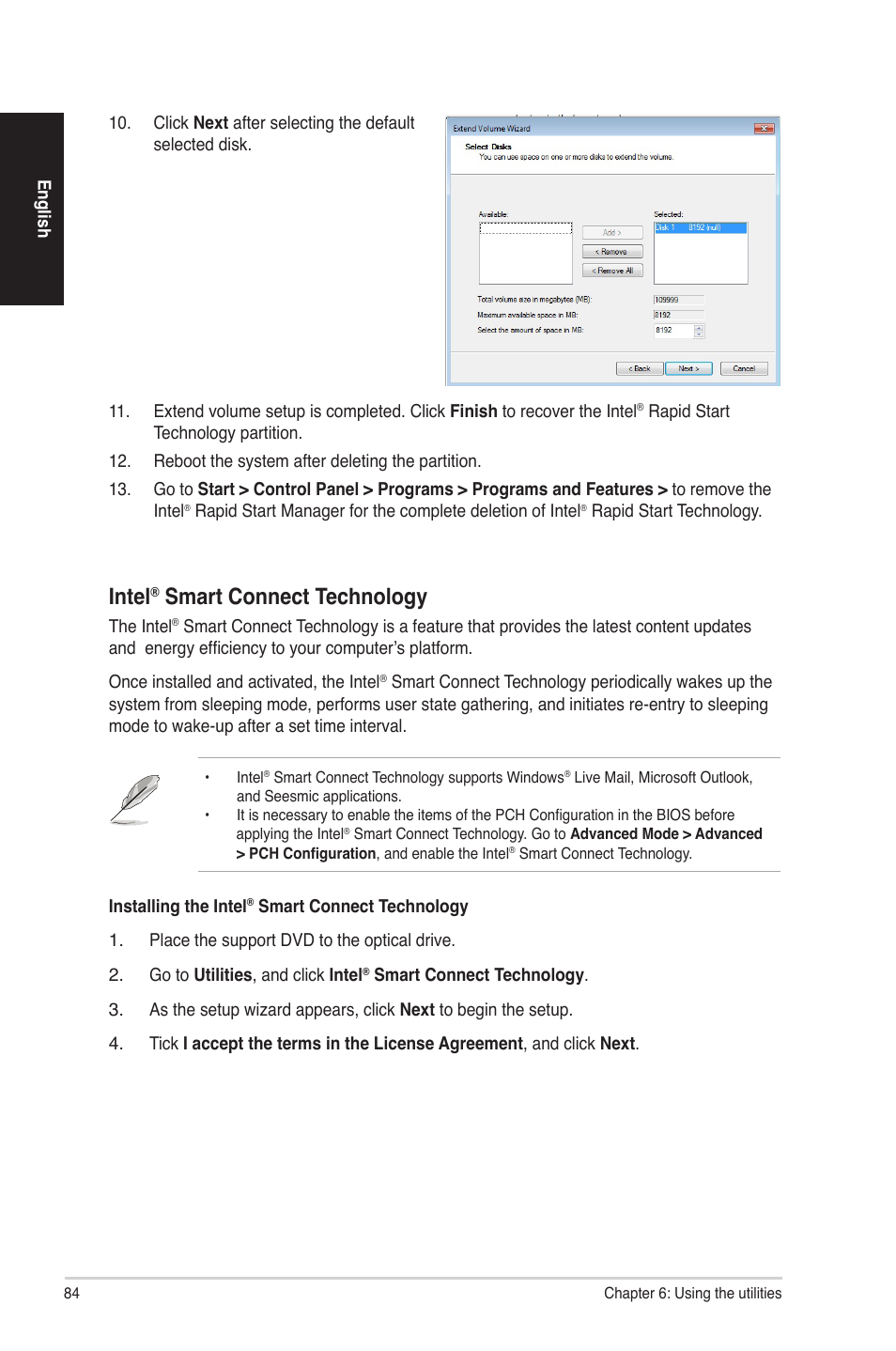 Intel, Smart connect technology | Asus CG8580 User Manual | Page 84 / 94