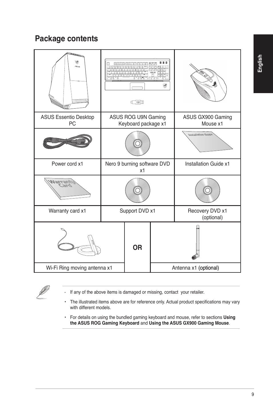 Package contents | Asus CG8580 User Manual | Page 9 / 94