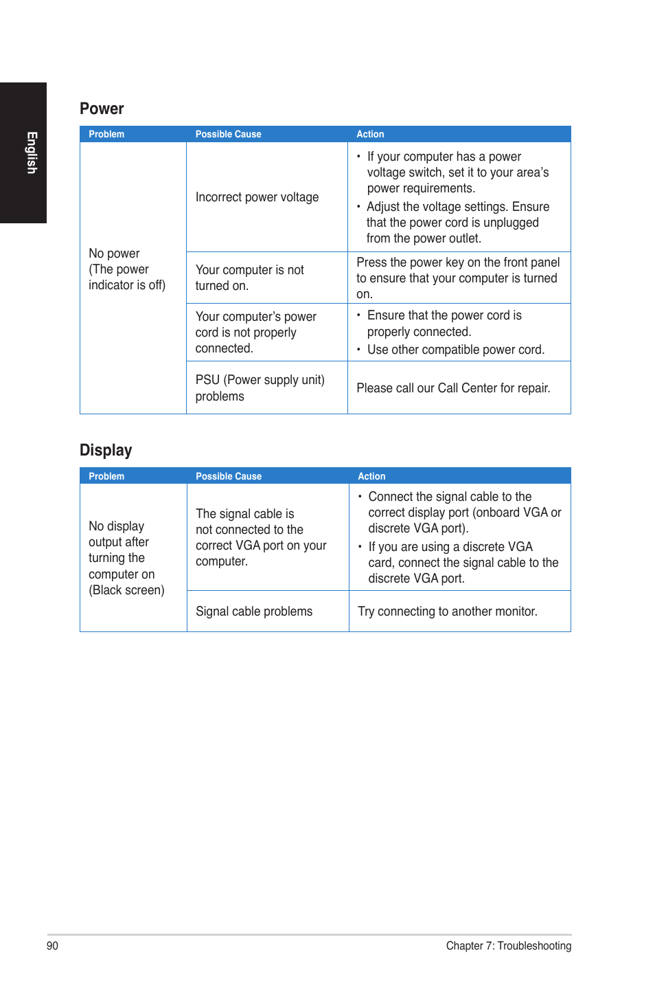 Power, Display | Asus CG8580 User Manual | Page 90 / 94