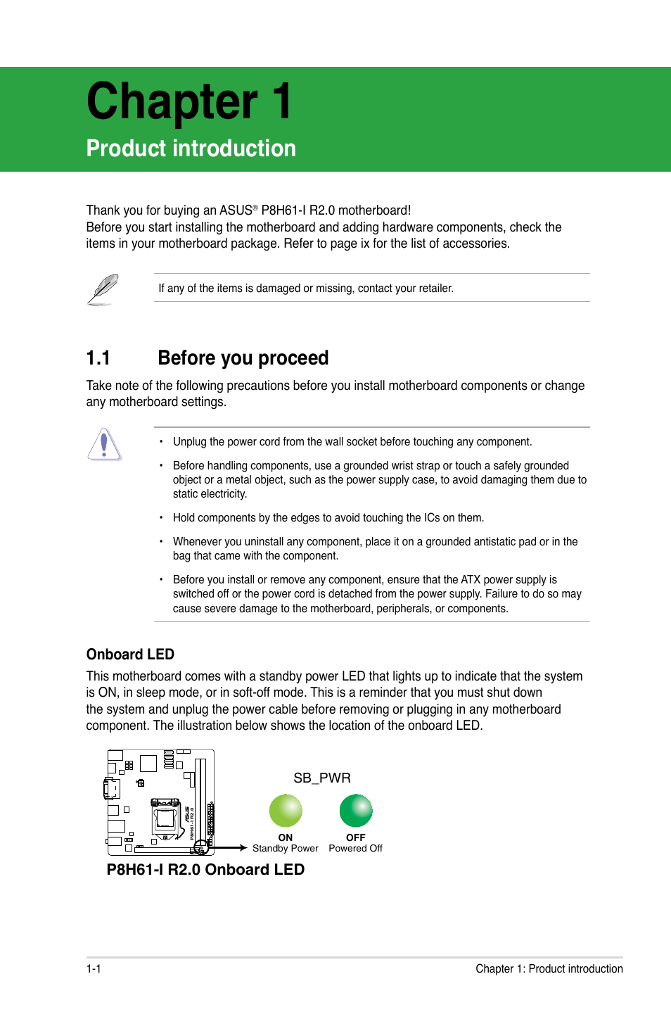 Chapter 1, Product introduction, 1 before you proceed | Before you proceed -1 | Asus P8H61-I R2.0 User Manual | Page 11 / 64