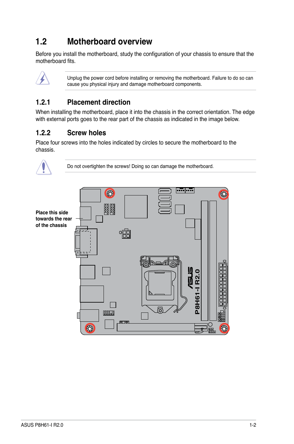 2 motherboard overview, 1 placement direction, 2 screw holes | Motherboard overview -2 1.2.1, Placement direction -2, Screw holes -2 | Asus P8H61-I R2.0 User Manual | Page 12 / 64