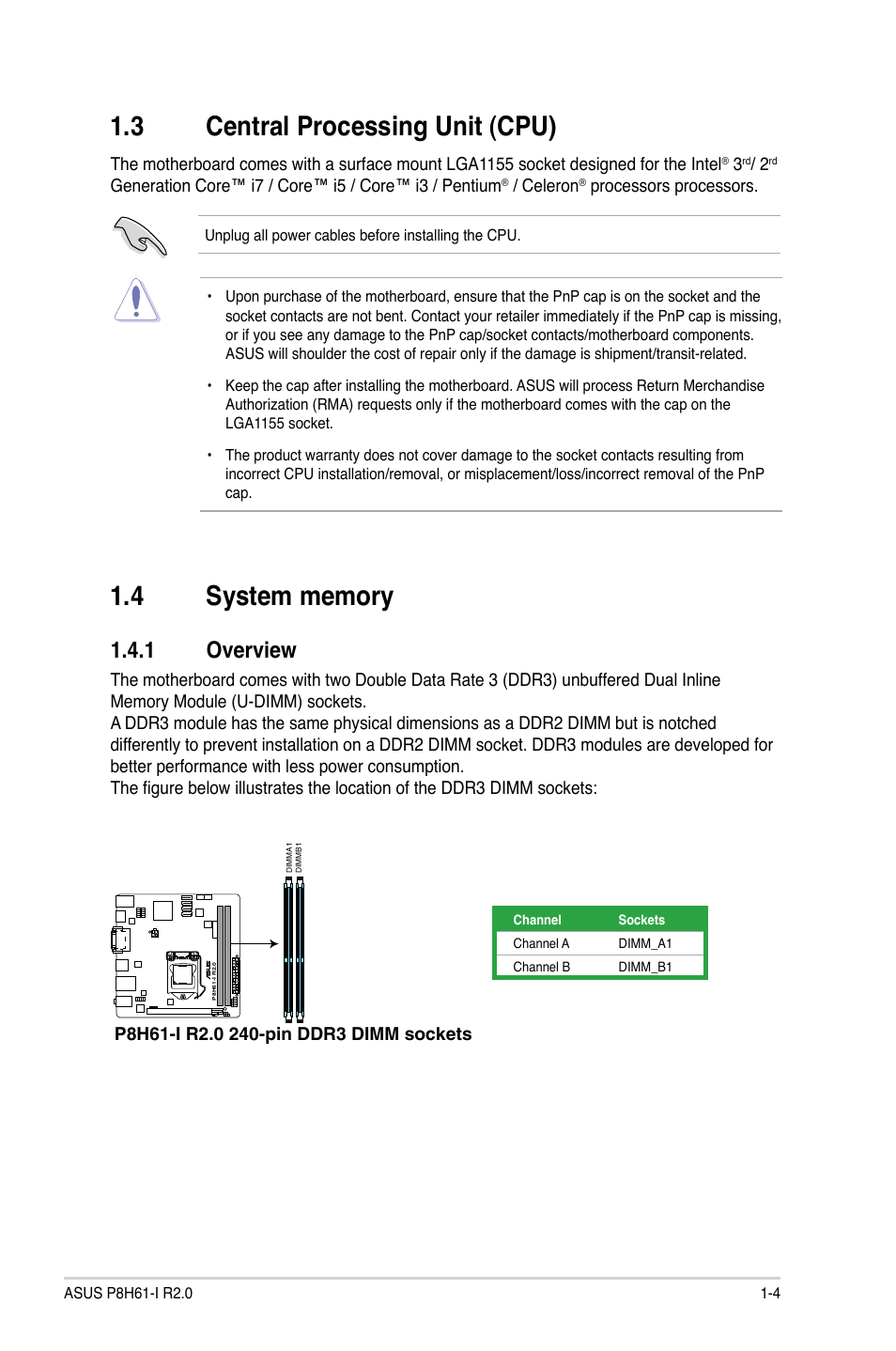 3 central processing unit (cpu), 4 system memory, 1 overview | Central processing unit (cpu) -4, System memory -4 1.4.1, Overview -4 | Asus P8H61-I R2.0 User Manual | Page 14 / 64