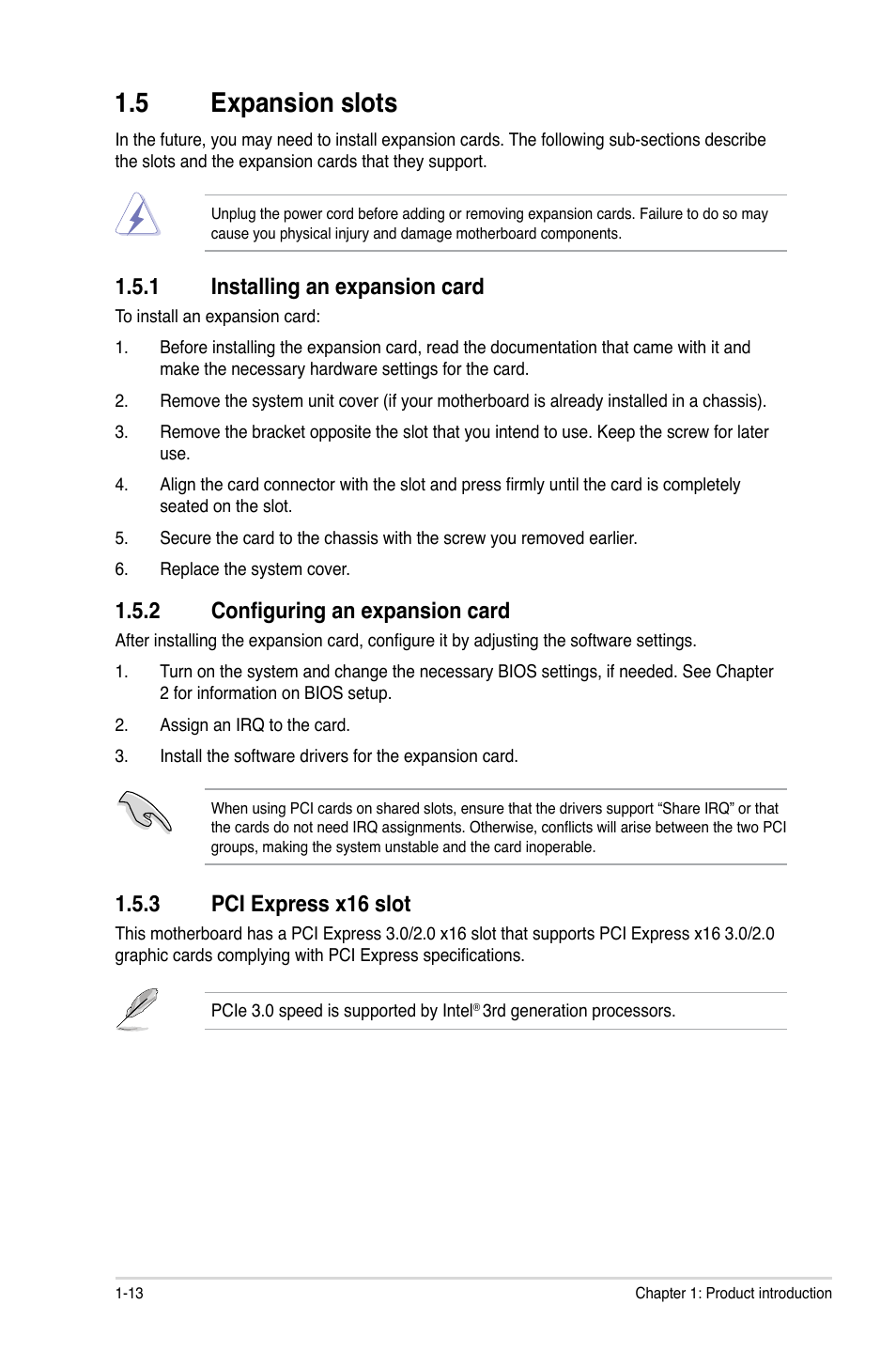 5 expansion slots, 1 installing an expansion card, 2 configuring an expansion card | 3 pci express x16 slot, Expansion slots -13 1.5.1, Installing an expansion card -13, Configuring an expansion card -13, Pci express x16 slot -13 | Asus P8H61-I R2.0 User Manual | Page 23 / 64