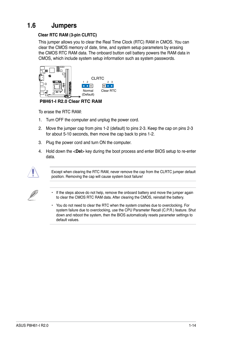 6 jumpers, Jumpers -14 | Asus P8H61-I R2.0 User Manual | Page 24 / 64