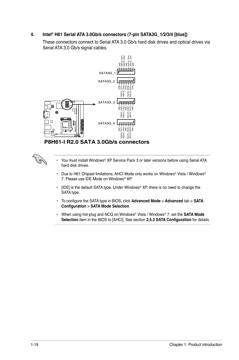Intel, 19 chapter 1: product introduction, You must install windows | Vista / windows, Please use ide mode on windows | Asus P8H61-I R2.0 User Manual | Page 29 / 64