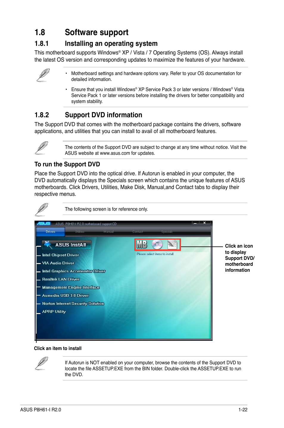8 software support, 1 installing an operating system, 2 support dvd information | Software support -22 1.8.1, Installing an operating system -22, Support dvd information -22 | Asus P8H61-I R2.0 User Manual | Page 32 / 64