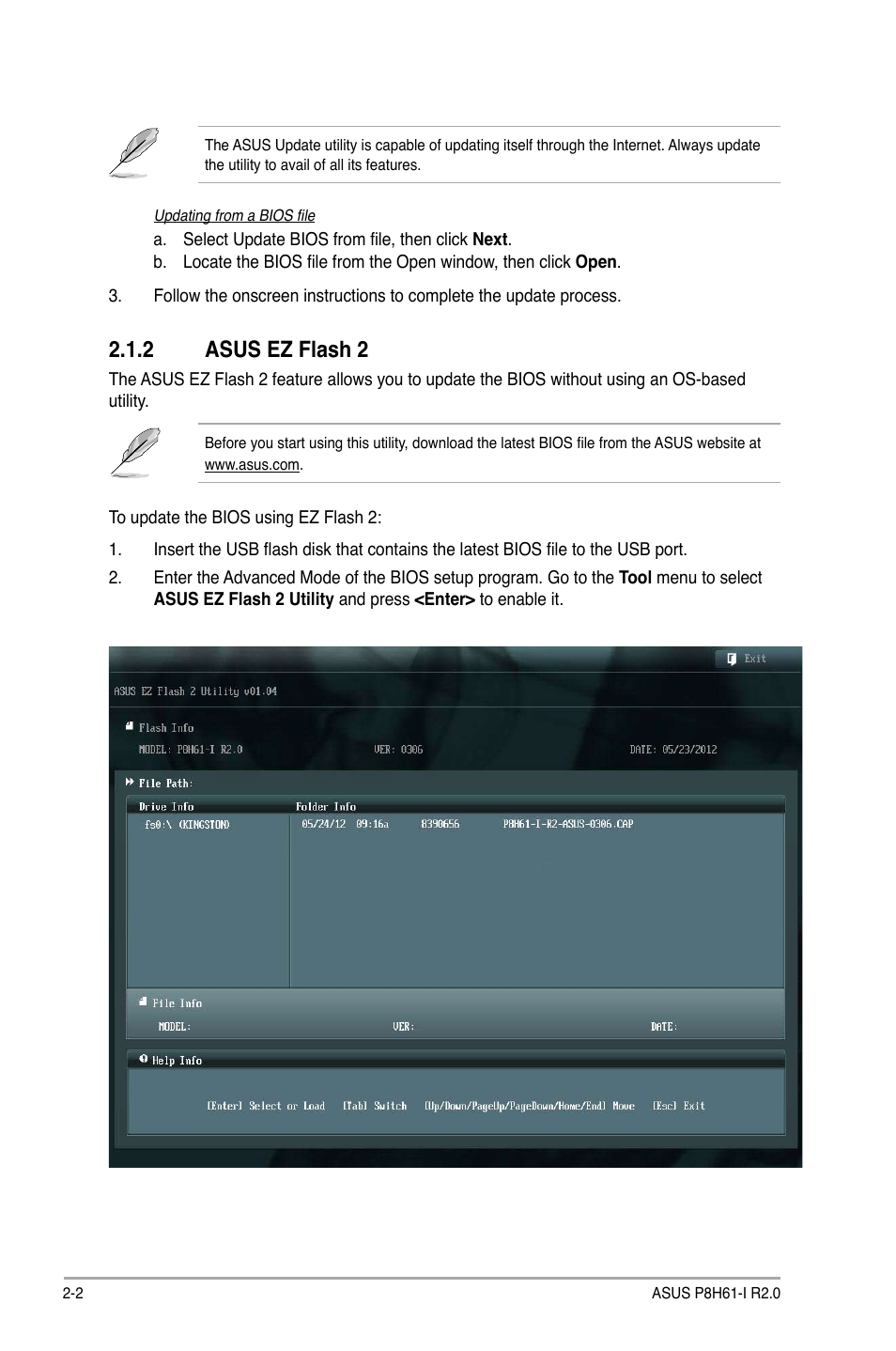2 asus ez flash 2, Asus ez flash 2 -2 | Asus P8H61-I R2.0 User Manual | Page 34 / 64