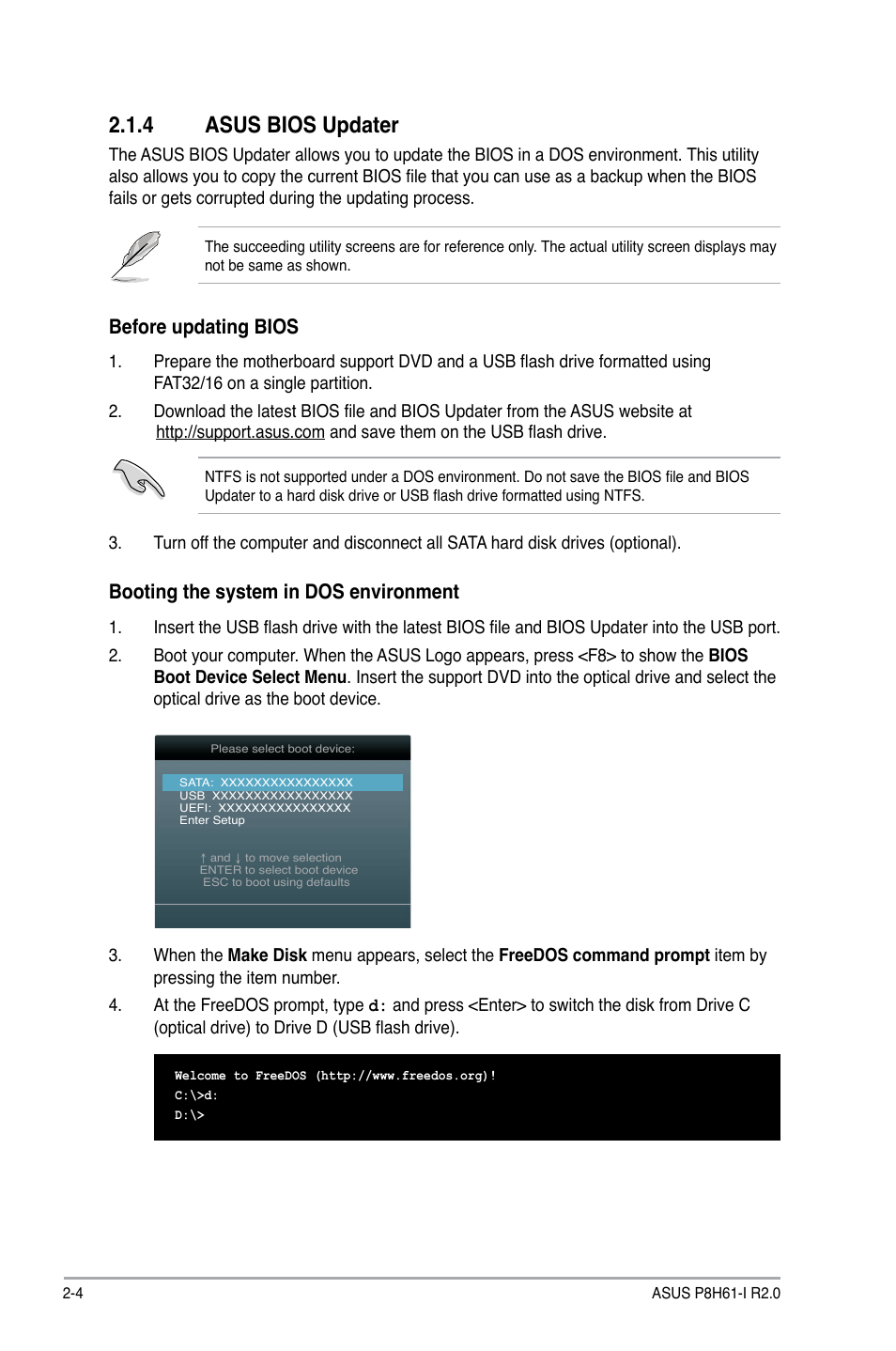 4 asus bios updater, Asus bios updater -4, Before updating bios | Booting the system in dos environment | Asus P8H61-I R2.0 User Manual | Page 36 / 64