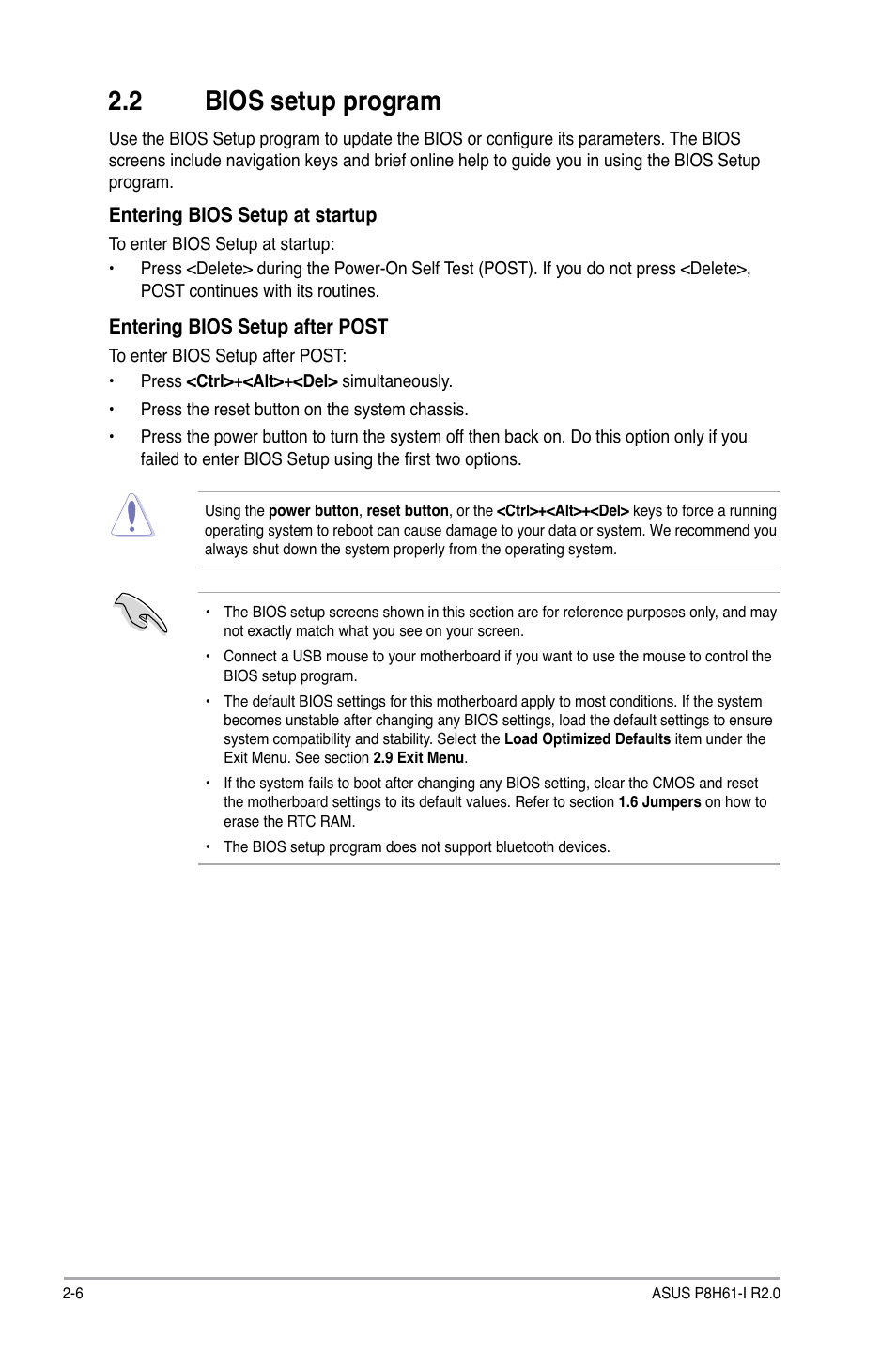 2 bios setup program, Bios setup program -6 | Asus P8H61-I R2.0 User Manual | Page 38 / 64