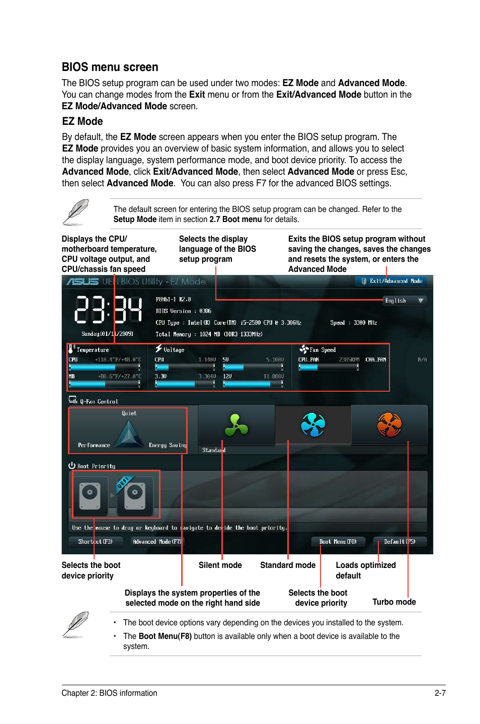 Bios menu screen, Ez mode | Asus P8H61-I R2.0 User Manual | Page 39 / 64