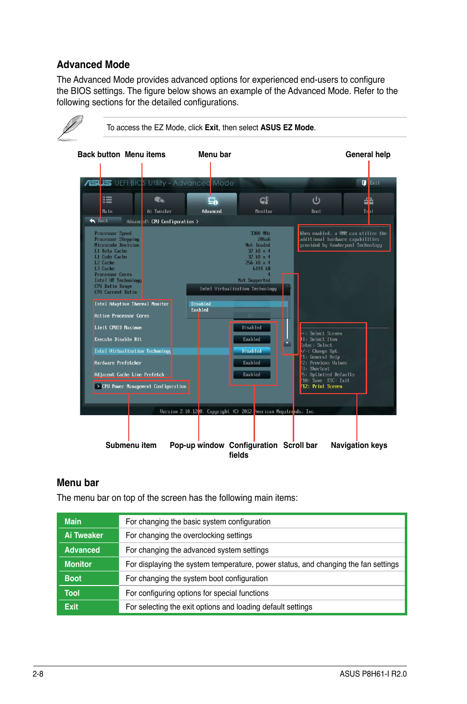 Advanced mode, Menu bar | Asus P8H61-I R2.0 User Manual | Page 40 / 64