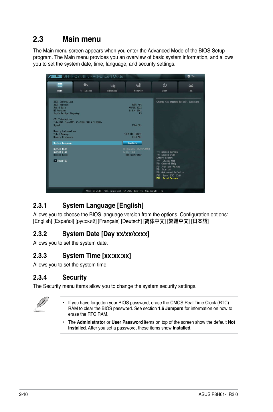 3 main menu, 1 system language [english, 2 system date [day xx/xx/xxxx | 3 system time [xx:xx:xx, 4 security, Main menu -10 2.3.1, System language [english] -10, System date [day xx/xx/xxxx] -10, System time [xx:xx:xx] -10, Security -10 | Asus P8H61-I R2.0 User Manual | Page 42 / 64
