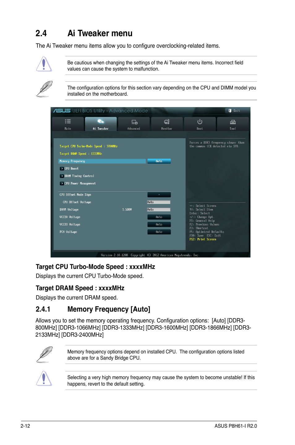 4 ai tweaker menu, 1 memory frequency [auto, Ai tweaker menu -12 2.4.1 | Memory frequency [auto] -12 | Asus P8H61-I R2.0 User Manual | Page 44 / 64