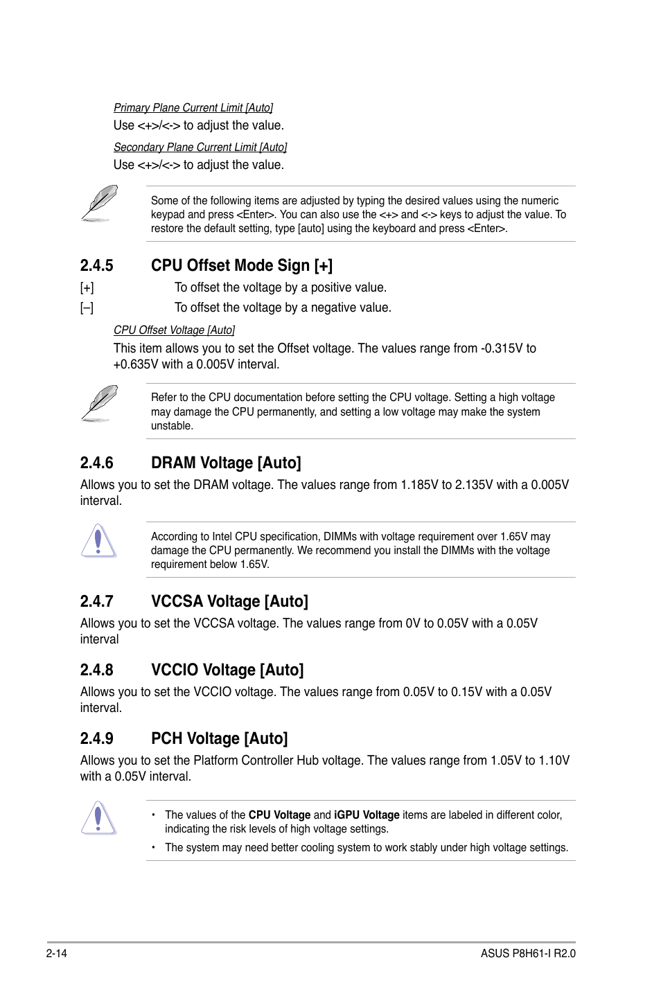 5 cpu offset mode sign, 6 dram voltage [auto, 7 vccsa voltage [auto | 8 vccio voltage [auto, 9 pch voltage [auto, Cpu offset mode sign [+] -14, Dram voltage [auto] -14, Vccsa voltage [auto] -14, Vccio voltage [auto] -14, Pch voltage [auto] -14 | Asus P8H61-I R2.0 User Manual | Page 46 / 64