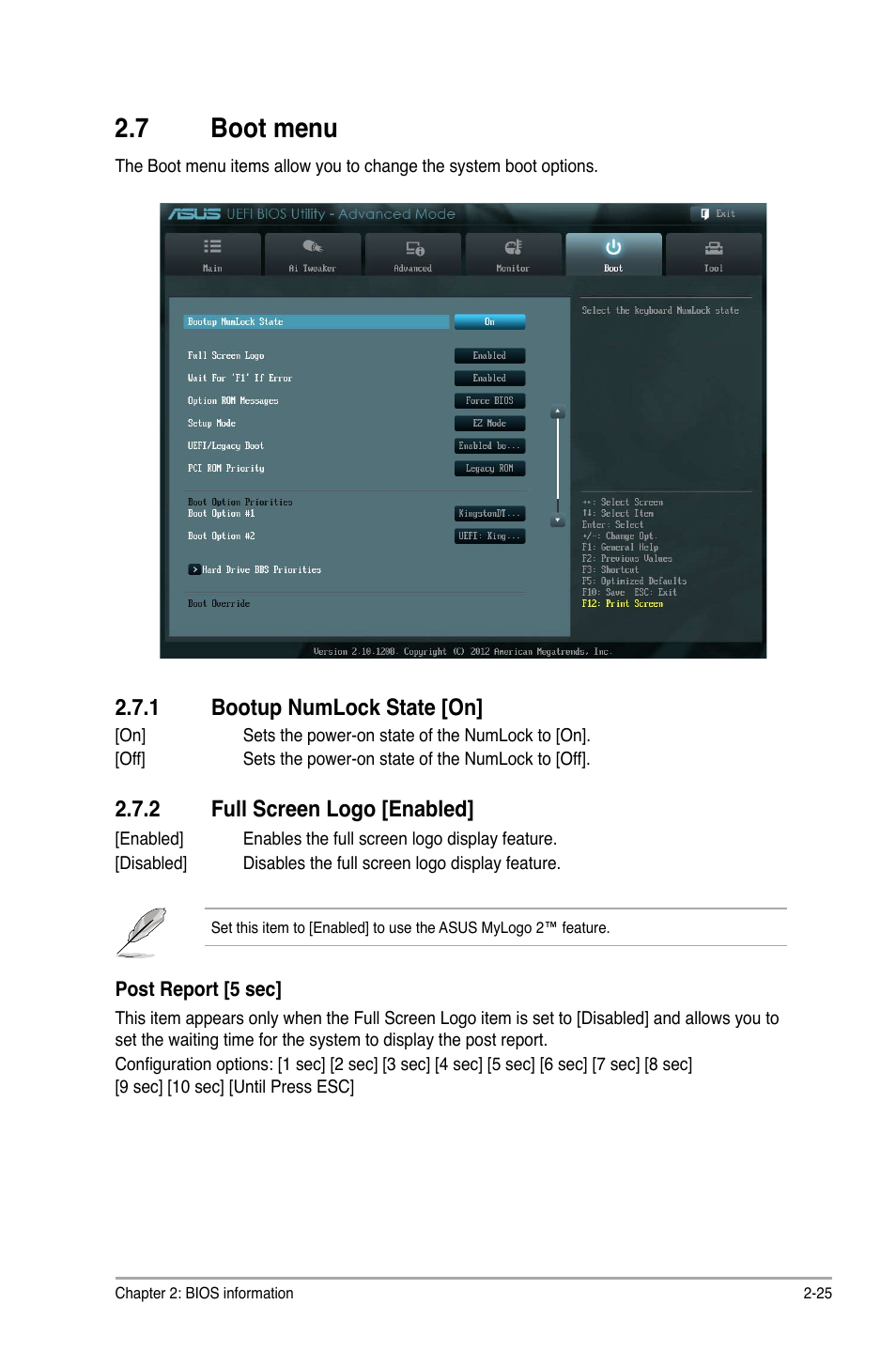 7 boot menu, 1 bootup numlock state [on, 2 full screen logo [enabled | Boot menu -25 2.7.1, Bootup numlock state [on] -25, Full screen logo [enabled] -25 | Asus P8H61-I R2.0 User Manual | Page 57 / 64