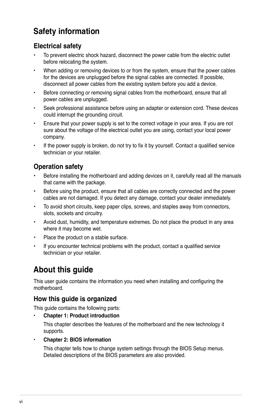 Safety information, About this guide, Electrical safety | Operation safety, How this guide is organized | Asus P8H61-I R2.0 User Manual | Page 6 / 64