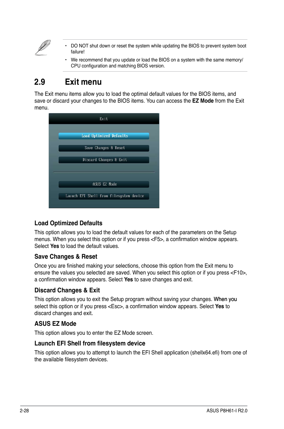 9 exit menu, Exit menu -28 | Asus P8H61-I R2.0 User Manual | Page 60 / 64