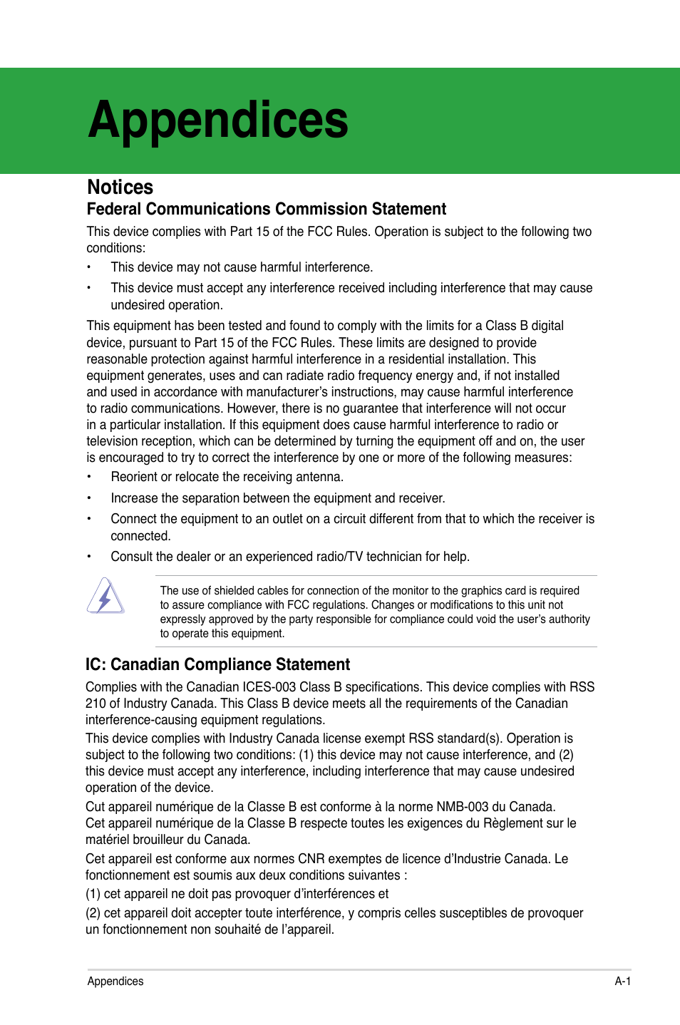 Appendices, Notices, Federal communications commission statement | Ic: canadian compliance statement | Asus P8H61-I R2.0 User Manual | Page 61 / 64