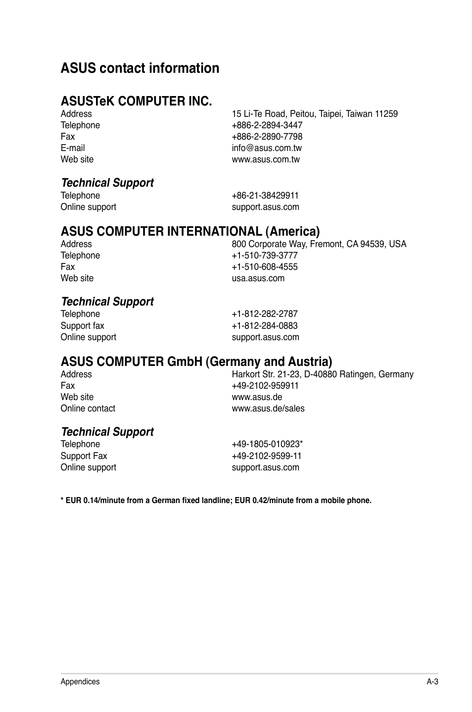 Asus contact information, Asustek computer inc, Asus computer international (america) | Asus computer gmbh (germany and austria), Technical support | Asus P8H61-I R2.0 User Manual | Page 63 / 64