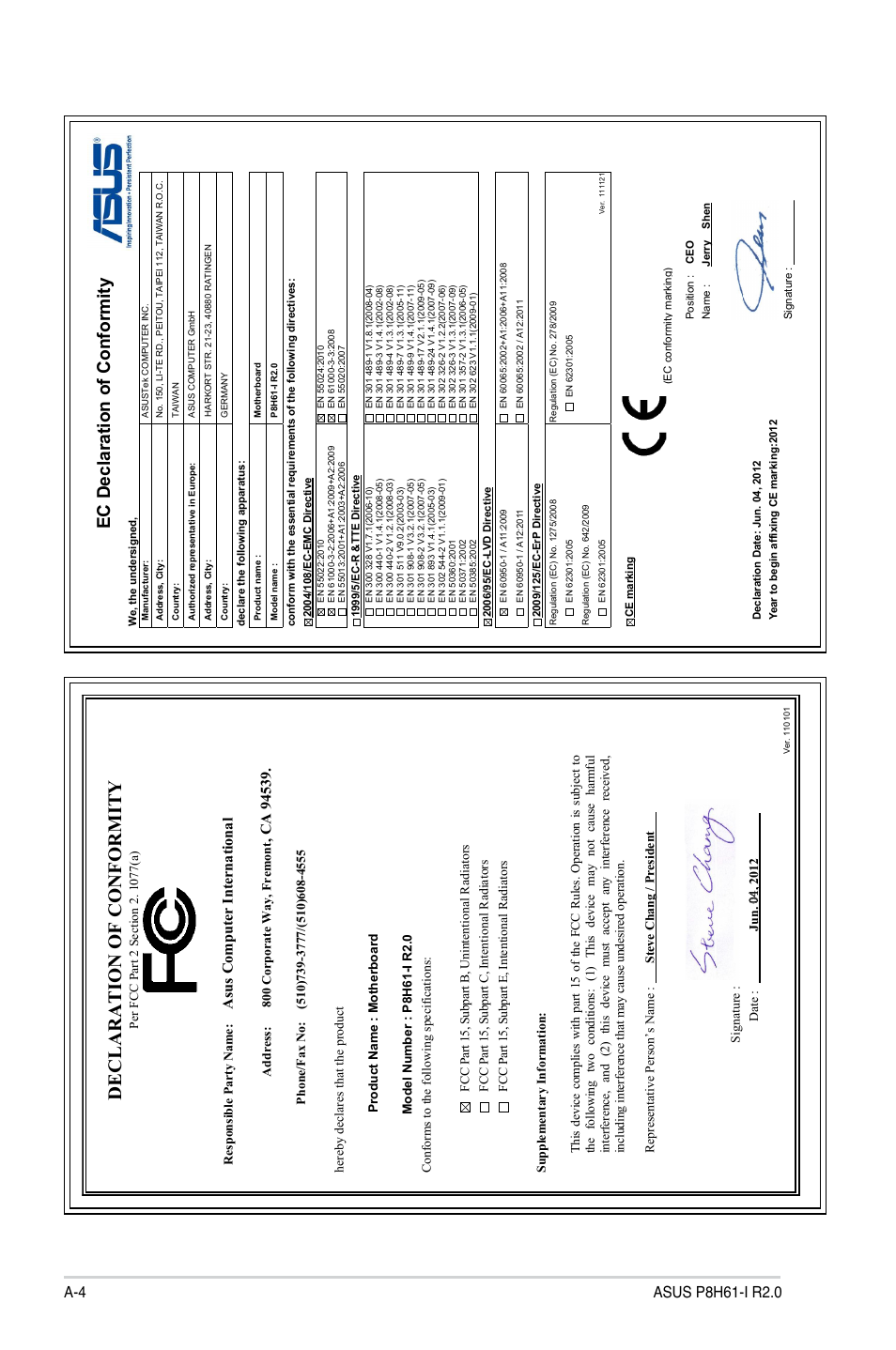 Declaration of conformity, Ec declaration of conformity, Asu s c om pu te r in te rn at io na l | Asus P8H61-I R2.0 User Manual | Page 64 / 64