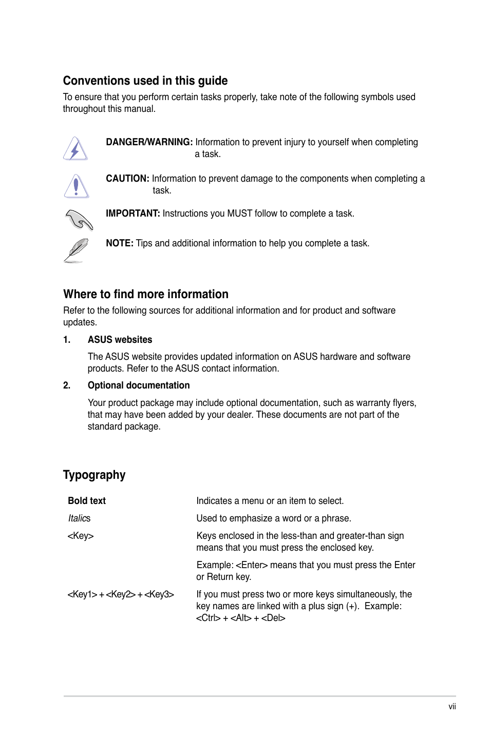 Typography where to find more information, Conventions used in this guide | Asus P8H61-I R2.0 User Manual | Page 7 / 64
