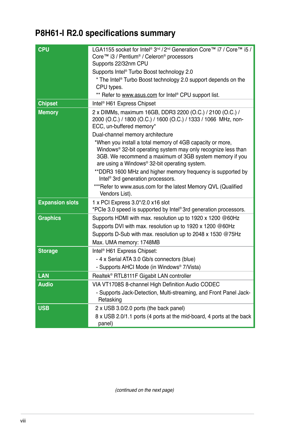 P8h61-i r2.0 specifications summary | Asus P8H61-I R2.0 User Manual | Page 8 / 64