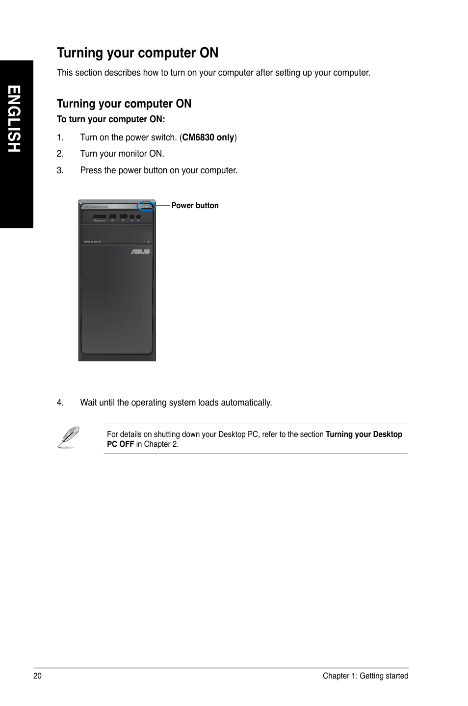 Turning your computer on, En g lis h en g li sh | Asus M11BB User Manual | Page 20 / 72