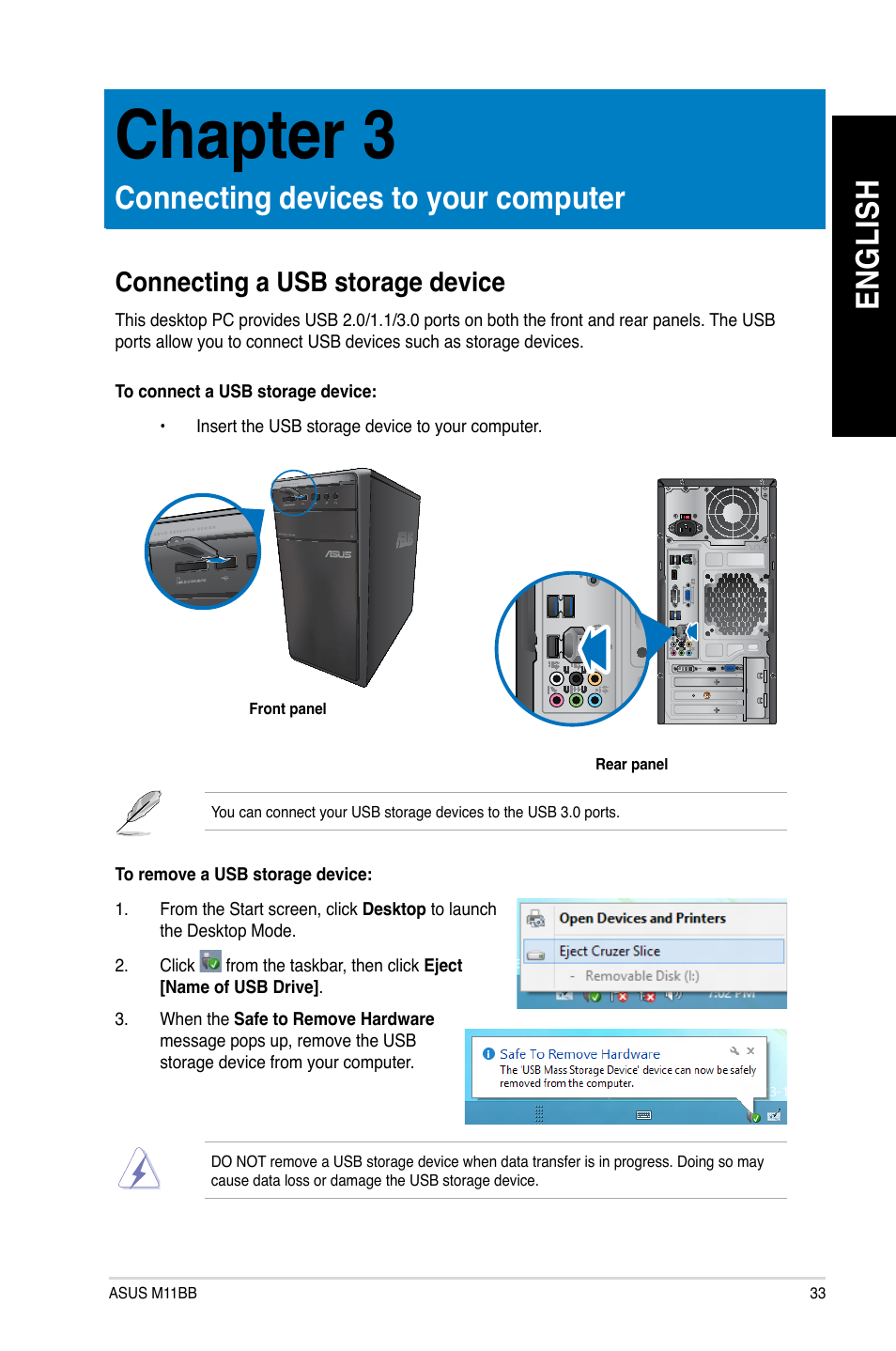 Chapter 3: connecting devices to your computer, Connecting a usb storage device, Connecting devices to your computer | Chapter 3, En g lis h en g li sh | Asus M11BB User Manual | Page 33 / 72