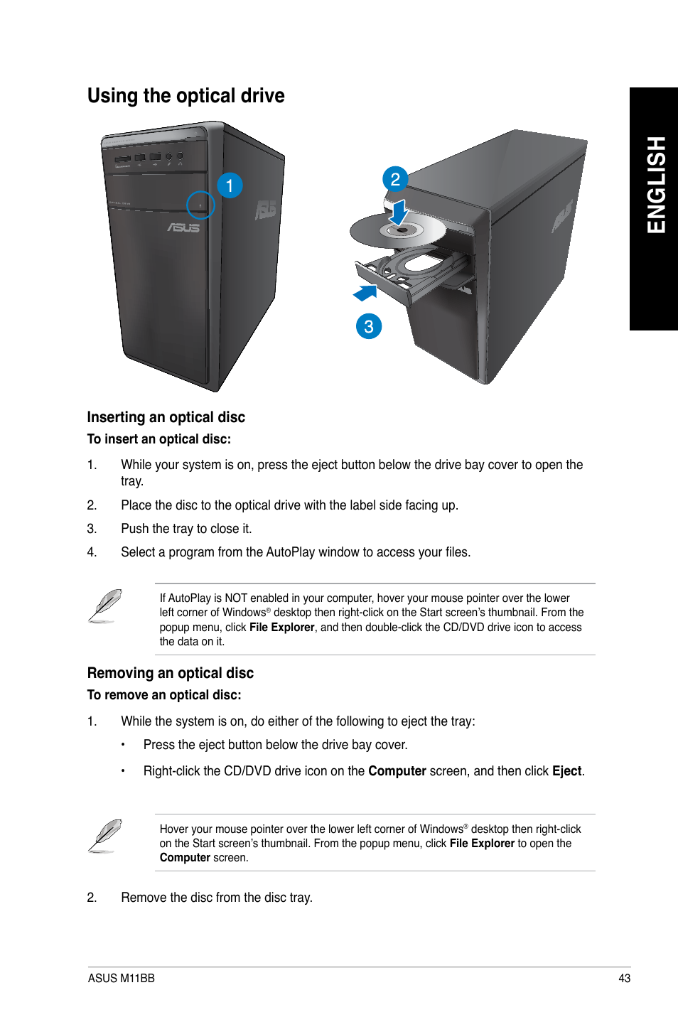 Using the optical drive, En g lis h en g li sh | Asus M11BB User Manual | Page 43 / 72