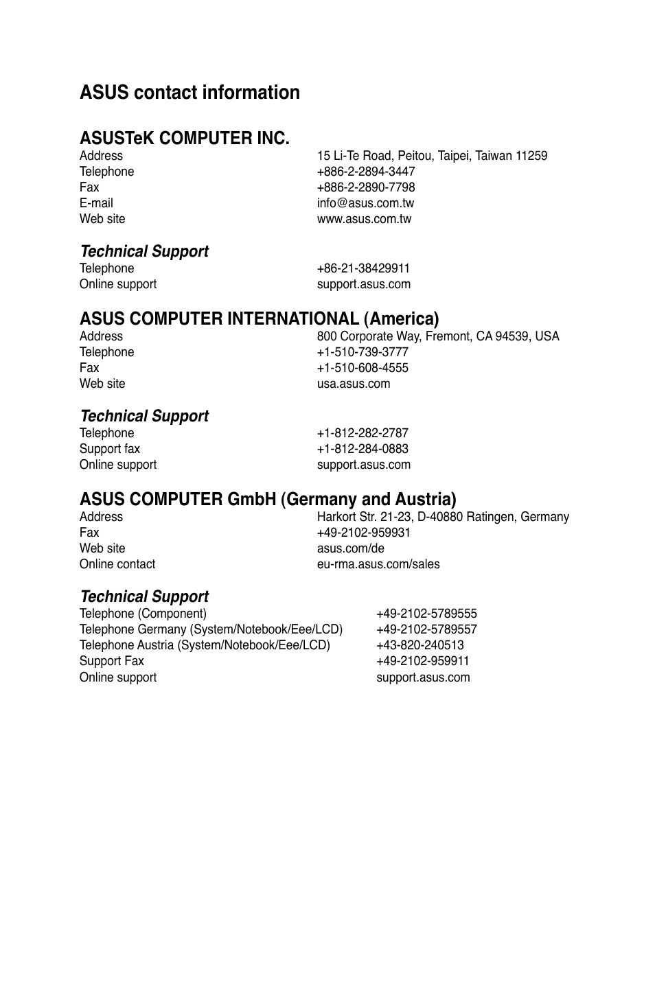 Asus contact information, Asustek computer inc, Asus computer international (america) | Asus computer gmbh (germany and austria), Technical support | Asus M11BB User Manual | Page 72 / 72