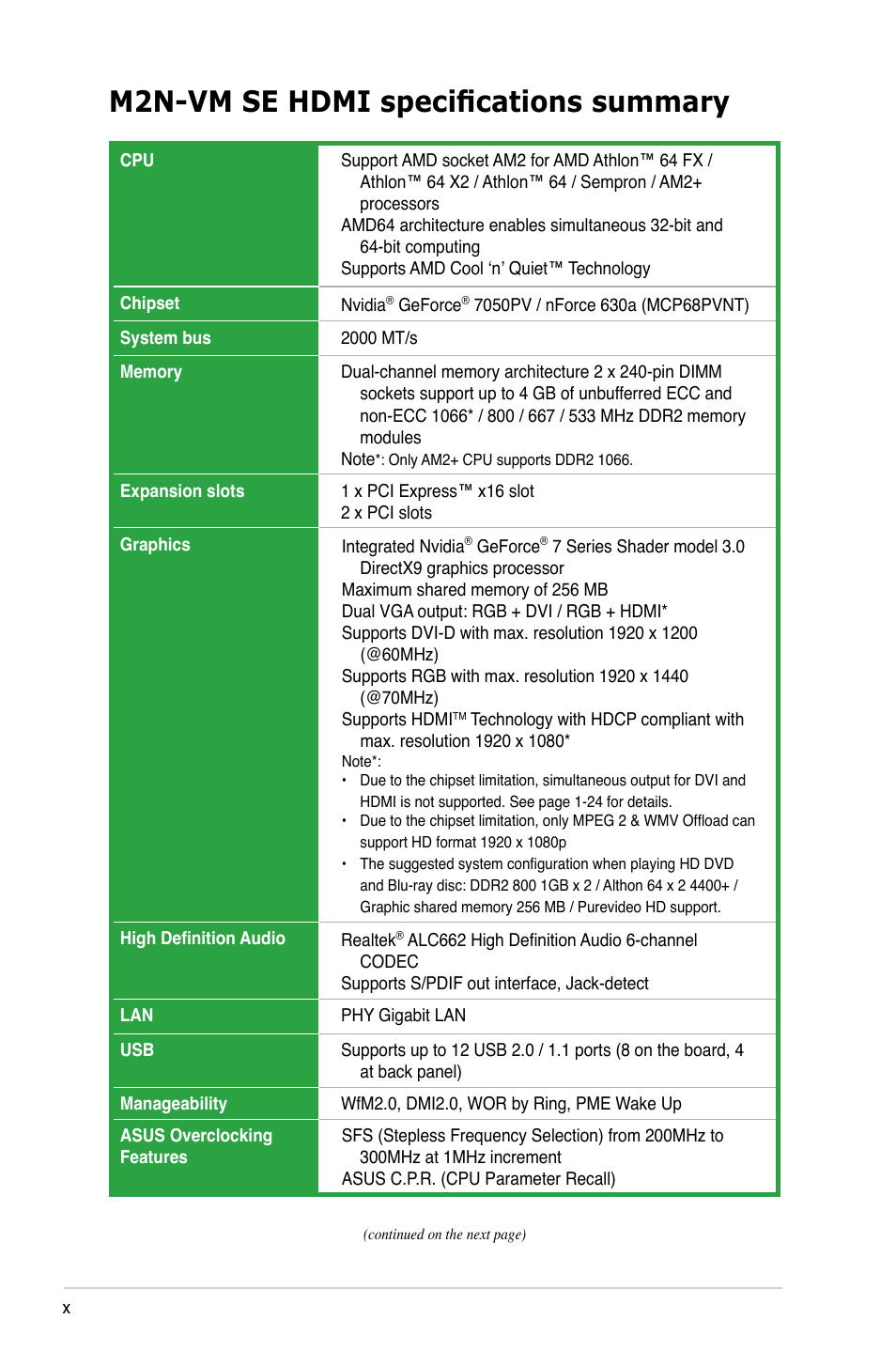 M2n-vm se hdmi specifications summary | Asus M2N-VM SE HDMI User Manual | Page 10 / 98