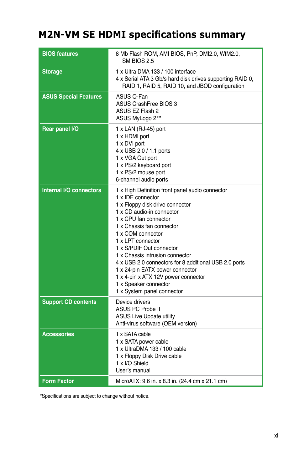 M2n-vm se hdmi specifications summary | Asus M2N-VM SE HDMI User Manual | Page 11 / 98