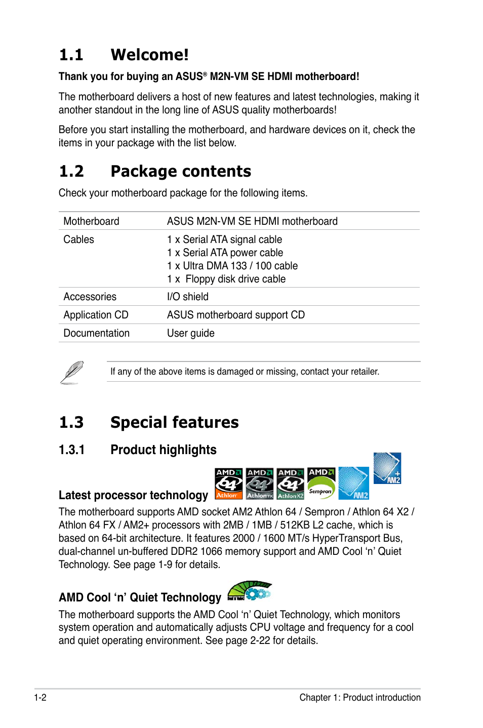 1 welcome, 2 package contents, 3 special features | Asus M2N-VM SE HDMI User Manual | Page 14 / 98