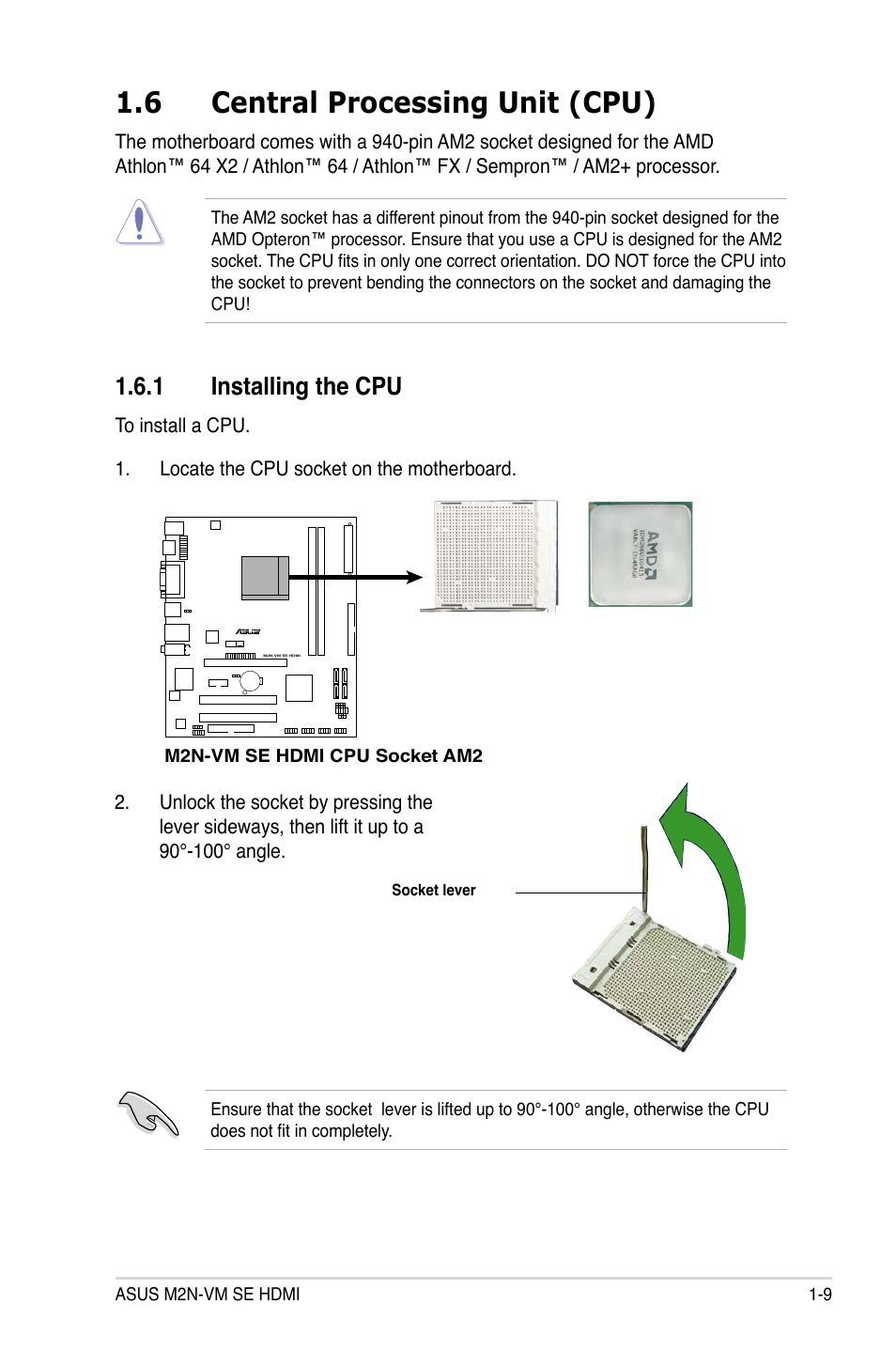 6 central processing unit (cpu), 1 installing the cpu | Asus M2N-VM SE HDMI User Manual | Page 21 / 98