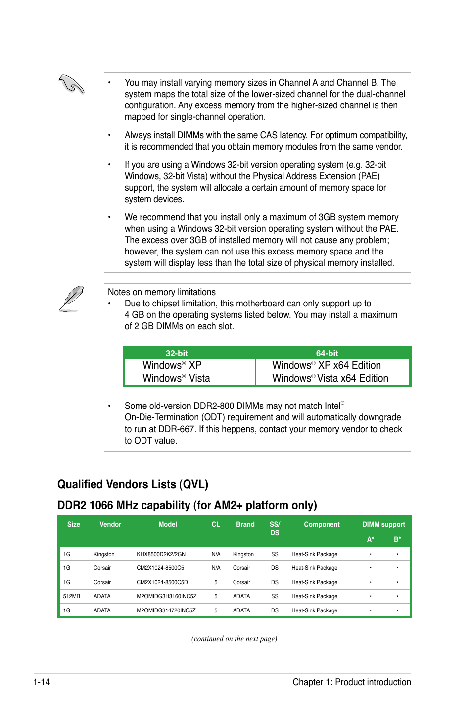 Windows, Xp windows, Xp x64 edition windows | Vista windows, Vista x64 edition, 14 chapter 1: product introduction | Asus M2N-VM SE HDMI User Manual | Page 26 / 98