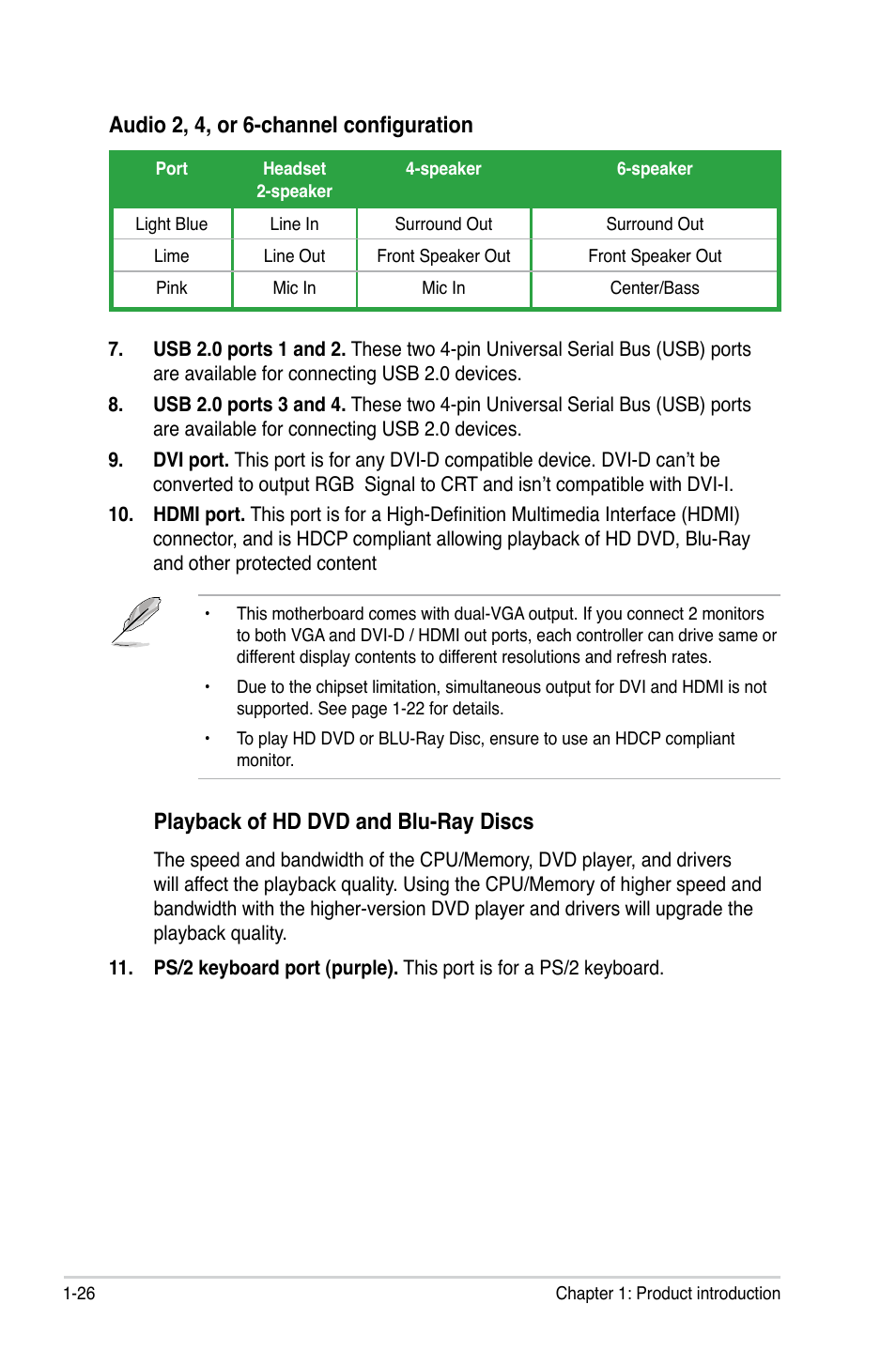 Playback of hd dvd and blu-ray discs, Audio 2, 4, or 6-channel configuration | Asus M2N-VM SE HDMI User Manual | Page 38 / 98