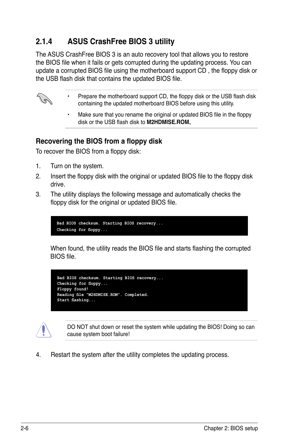 4 asus crashfree bios 3 utility, Recovering the bios from a floppy disk | Asus M2N-VM SE HDMI User Manual | Page 54 / 98