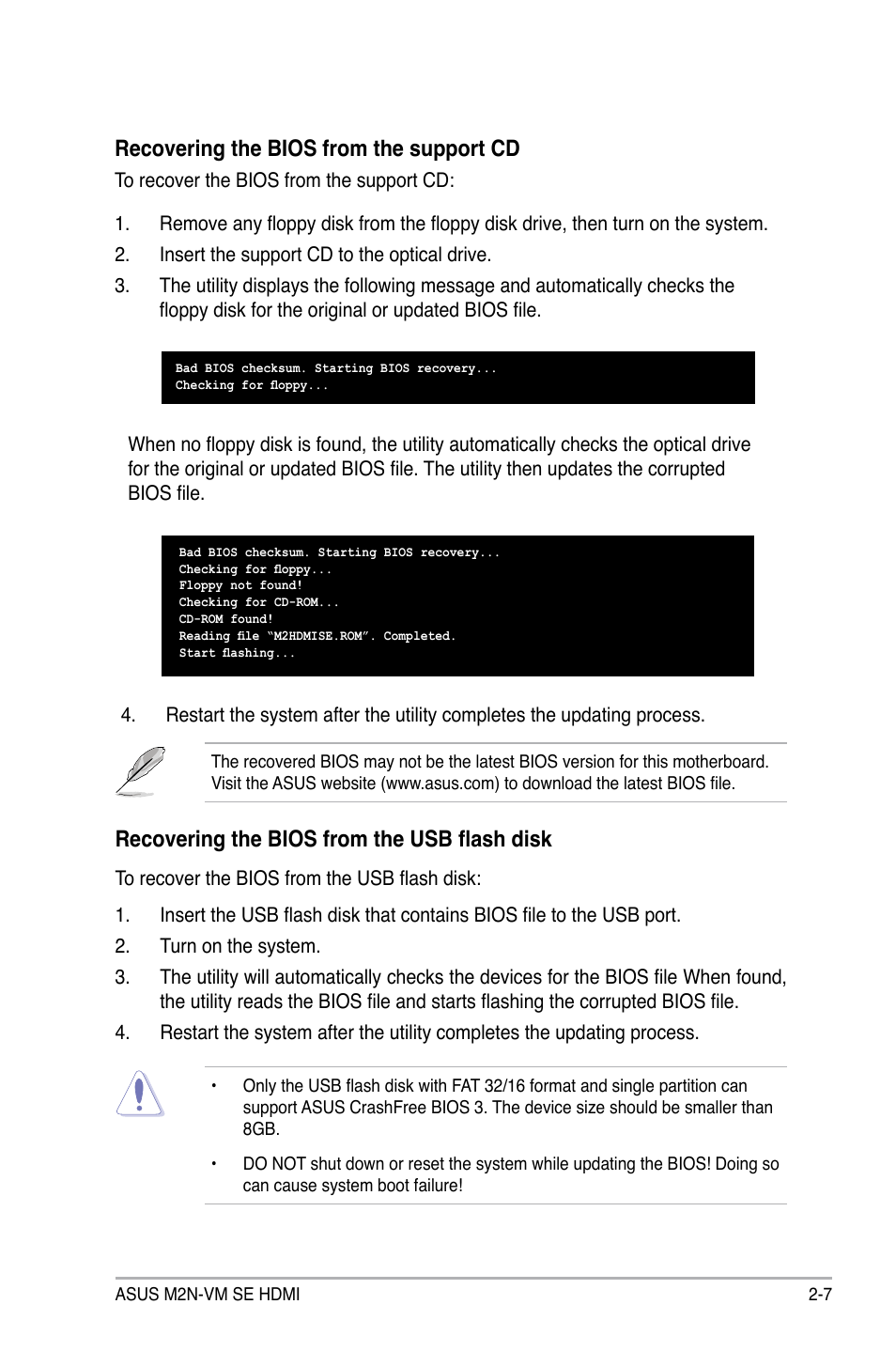 Recovering the bios from the support cd, Recovering the bios from the usb flash disk | Asus M2N-VM SE HDMI User Manual | Page 55 / 98