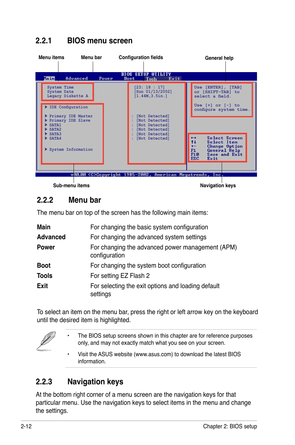 1 bios menu screen, 2 menu bar, 3 navigation keys | Asus M2N-VM SE HDMI User Manual | Page 60 / 98