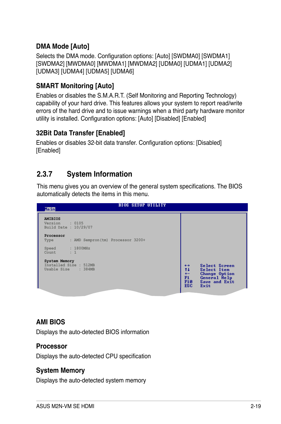 7 system information, Dma mode [auto, Smart monitoring [auto | 32bit data transfer [enabled, Ami bios, Processor | Asus M2N-VM SE HDMI User Manual | Page 67 / 98