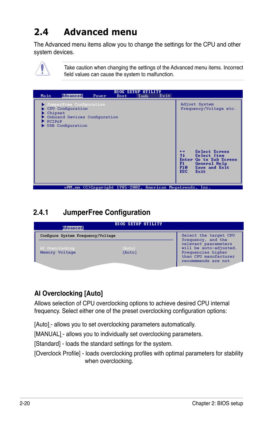 4 advanced menu, 1 jumperfree configuration, Ai overclocking [auto | Asus M2N-VM SE HDMI User Manual | Page 68 / 98