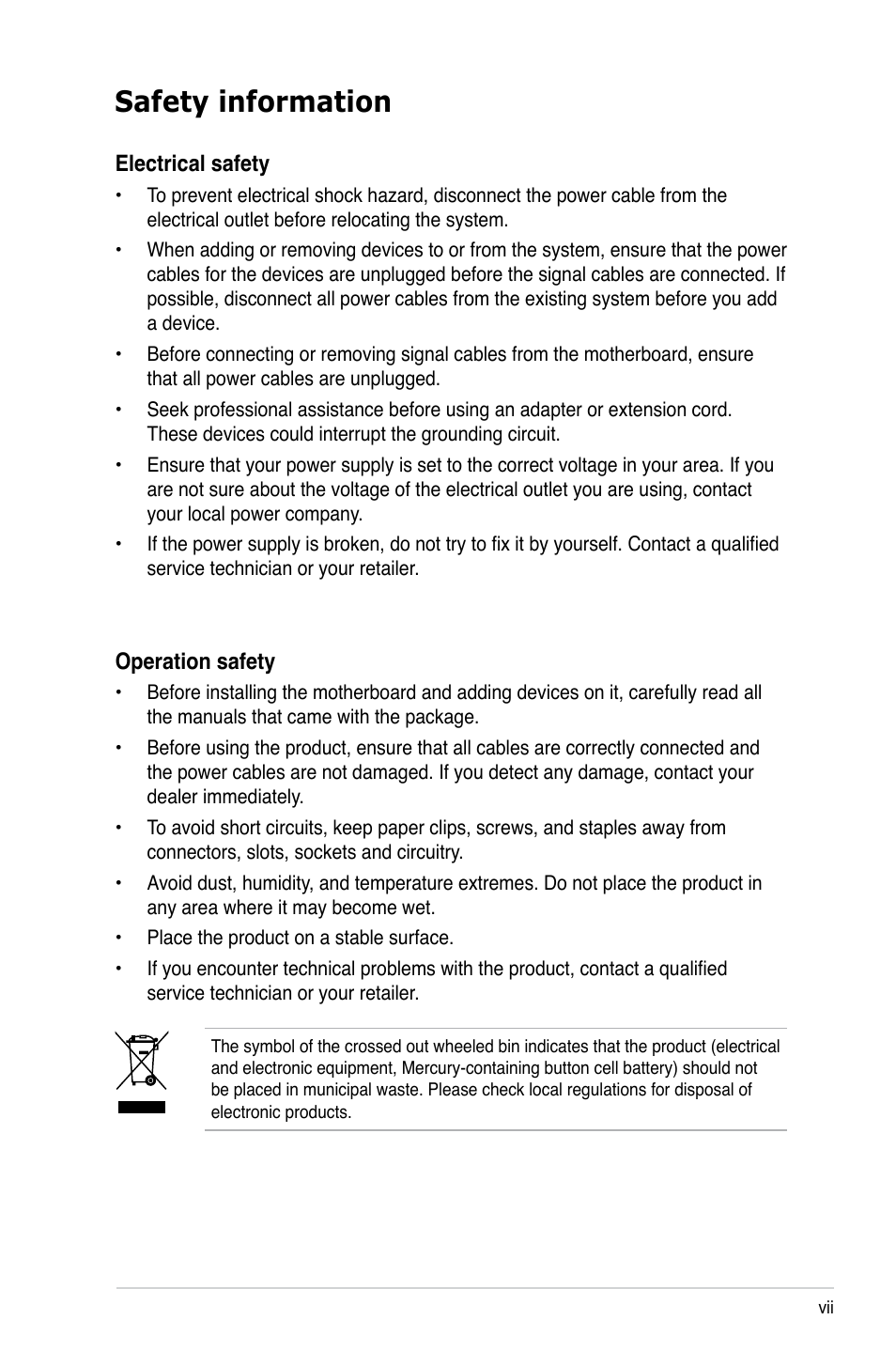 Safety information | Asus M2N-VM SE HDMI User Manual | Page 7 / 98