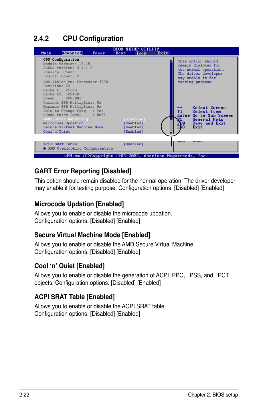 2 cpu configuration, Gart error reporting [disabled, Microcode updation [enabled | Secure virtual machine mode [enabled, Cool ‘n’ quiet [enabled, Acpi srat table [enabled | Asus M2N-VM SE HDMI User Manual | Page 70 / 98