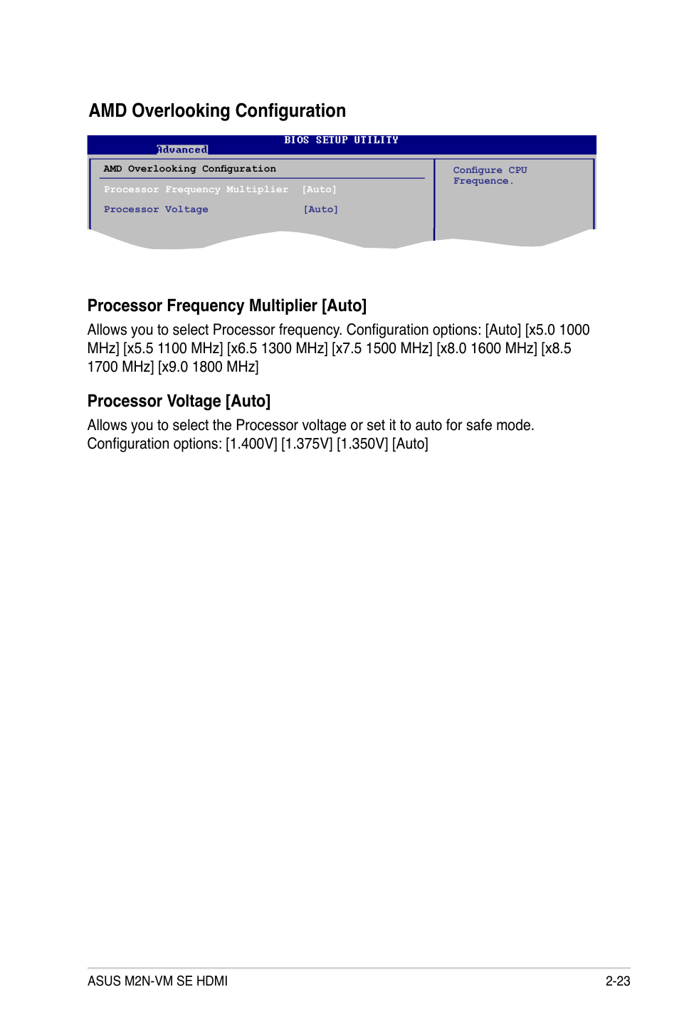 Amd overlooking configuration, Processor frequency multiplier [auto, Processor voltage [auto | Asus M2N-VM SE HDMI User Manual | Page 71 / 98