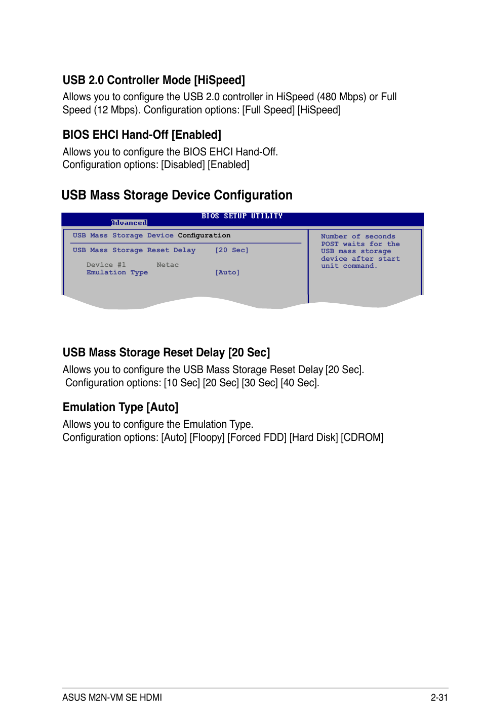 Usb mass storage device configuration, Usb 2.0 controller mode [hispeed, Bios ehci hand-off [enabled | Usb mass storage reset delay [20 sec, Emulation type [auto | Asus M2N-VM SE HDMI User Manual | Page 79 / 98