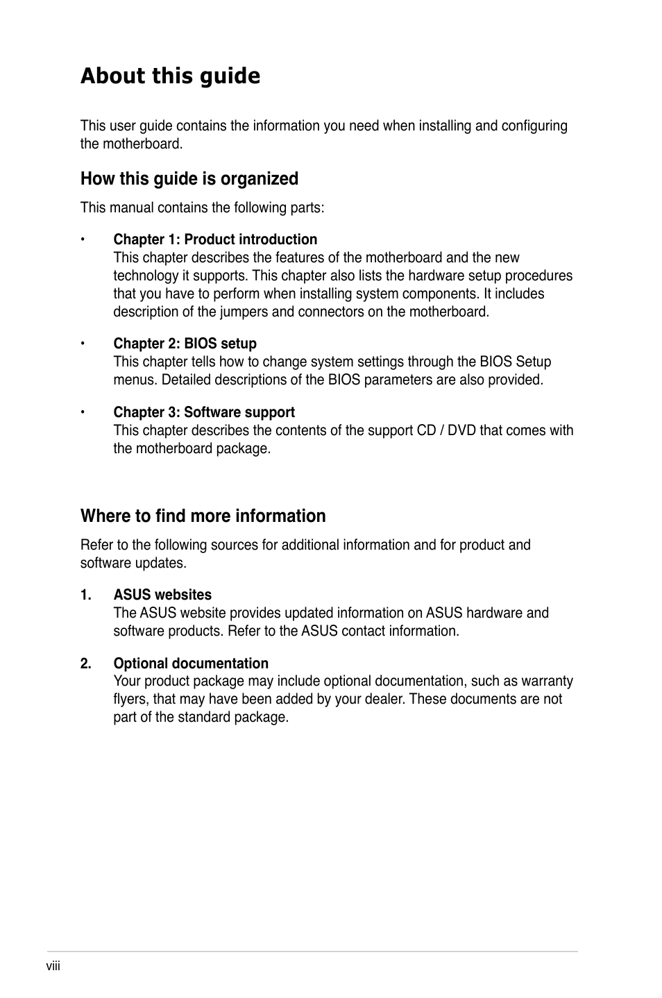 About this guide, How this guide is organized, Where to find more information | Asus M2N-VM SE HDMI User Manual | Page 8 / 98