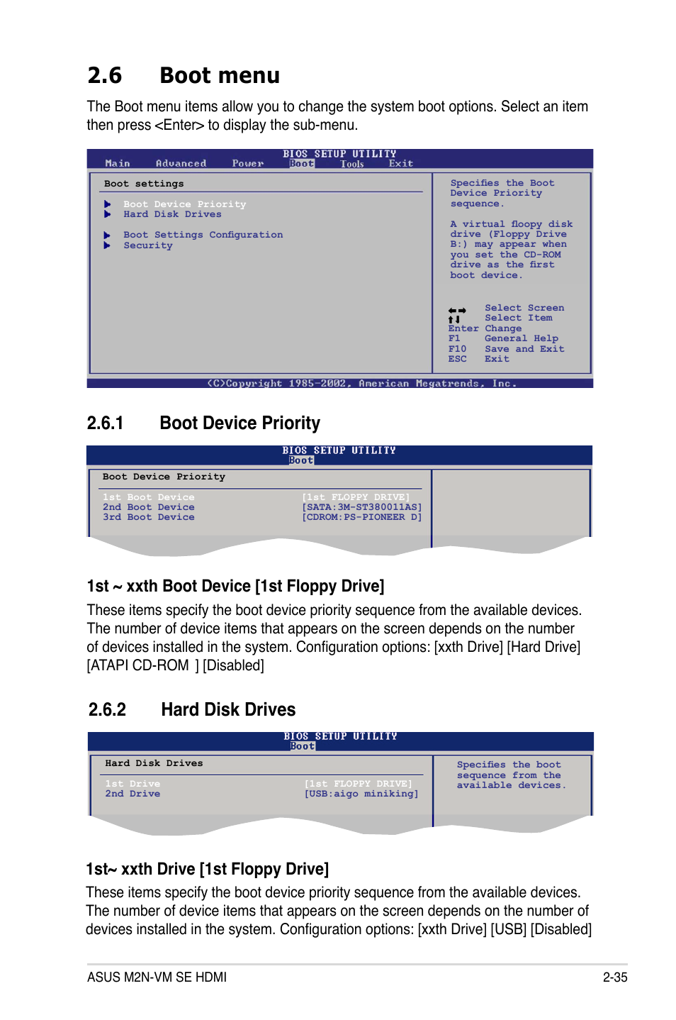 6 boot menu, 1 boot device priority, 2 hard disk drives | 1st ~ xxth boot device [1st floppy drive, 1st~ xxth drive [1st floppy drive, Disabled | Asus M2N-VM SE HDMI User Manual | Page 83 / 98