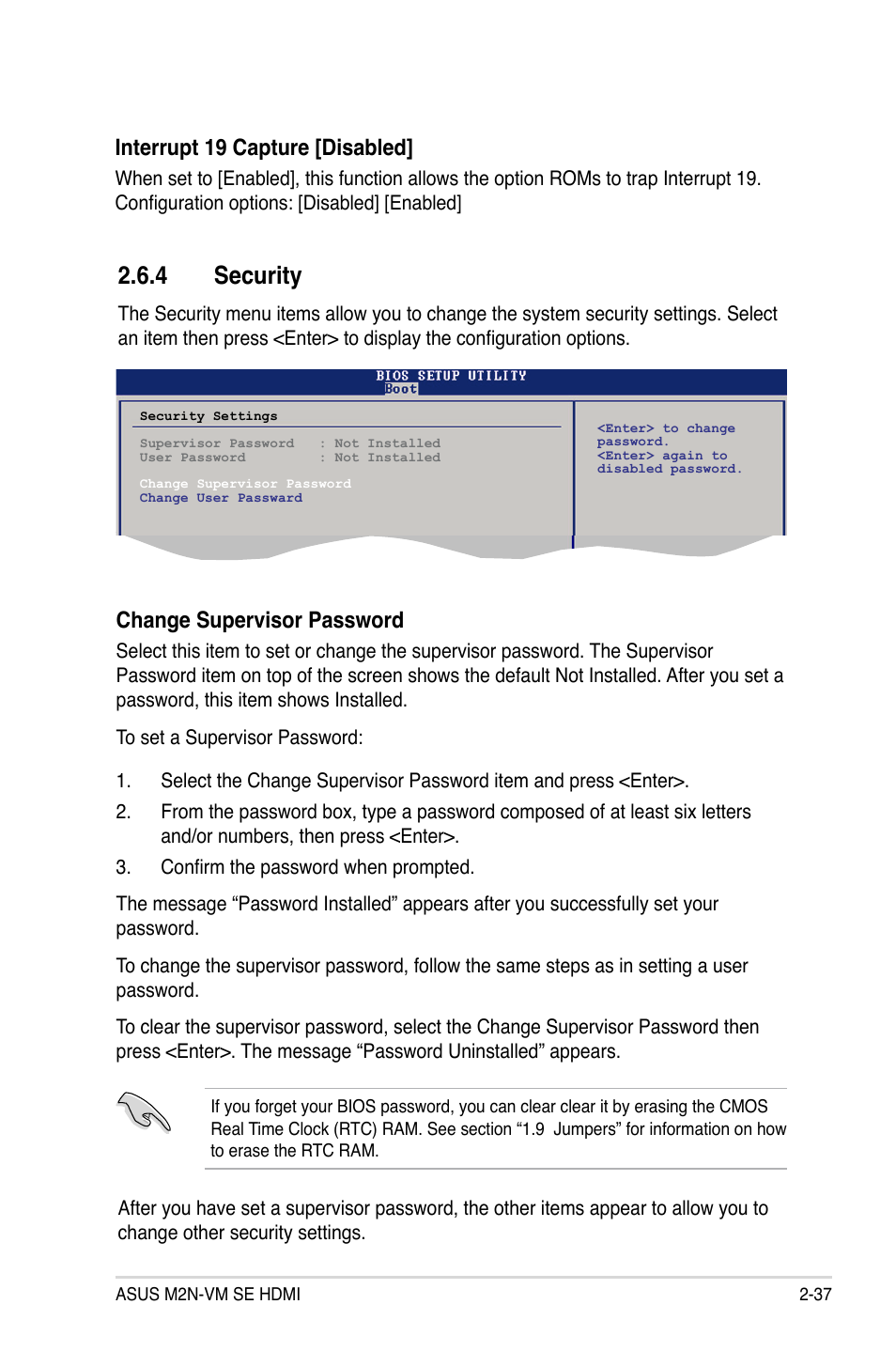 4 security, Interrupt 19 capture [disabled, Change supervisor password | Asus M2N-VM SE HDMI User Manual | Page 85 / 98