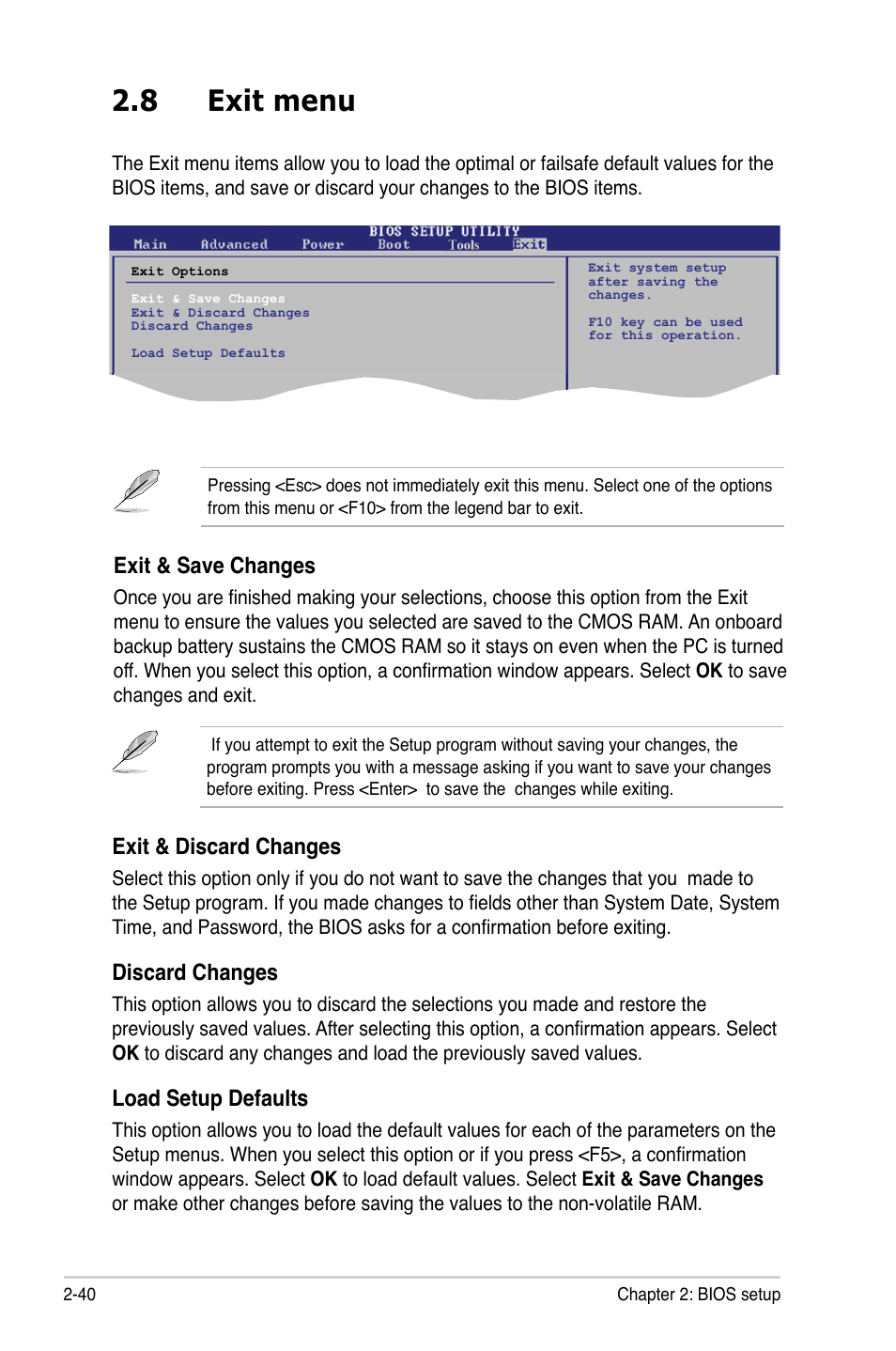 8 exit menu, Exit & discard changes, Discard changes | Load setup defaults, Exit & save changes | Asus M2N-VM SE HDMI User Manual | Page 88 / 98