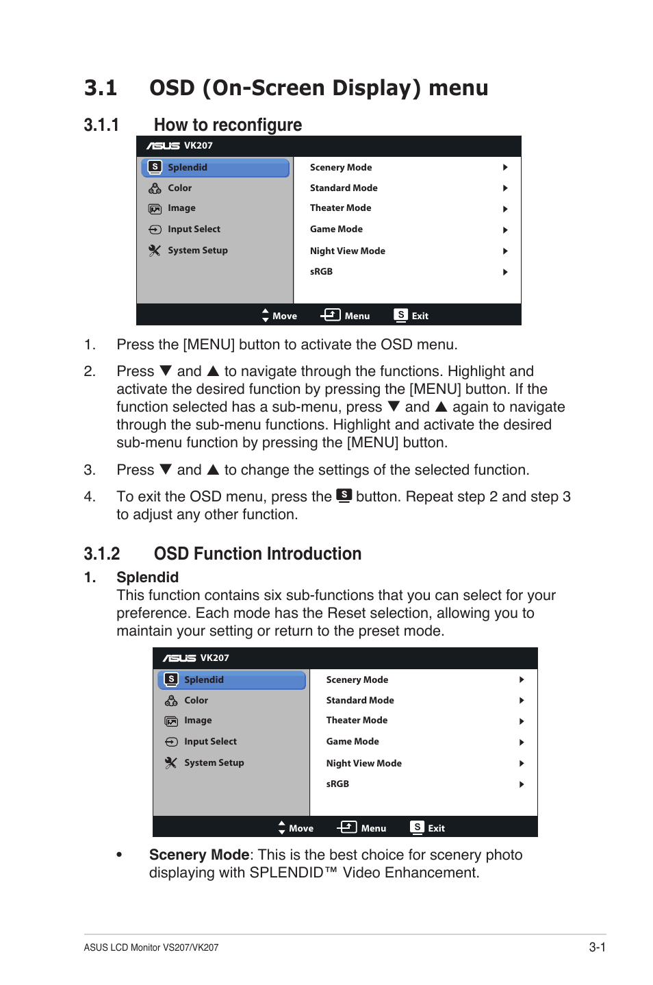 1 osd (on-screen display) menu, 1 how to reconfigure, 2 osd function introduction | Osd (on-screen display) menu -1 3.1.1, How to reconfigure -1, Osd function introduction -1 | Asus VS207T User Manual | Page 15 / 21